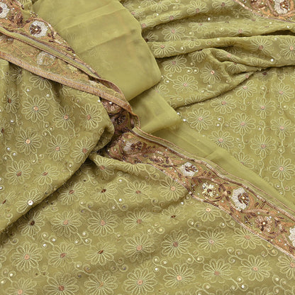 Indian Vintage Heavy Green Saree Georgette Embroidered Sari Craft Fabric 5Yd Sewing Soft Ethnic Zari Dress Making wedding Sari