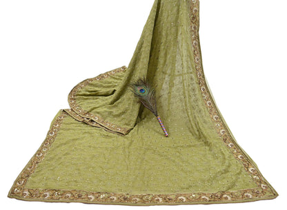 Indian Vintage Heavy Green Saree Georgette Embroidered Sari Craft Fabric 5Yd Sewing Soft Ethnic Zari Dress Making wedding Sari