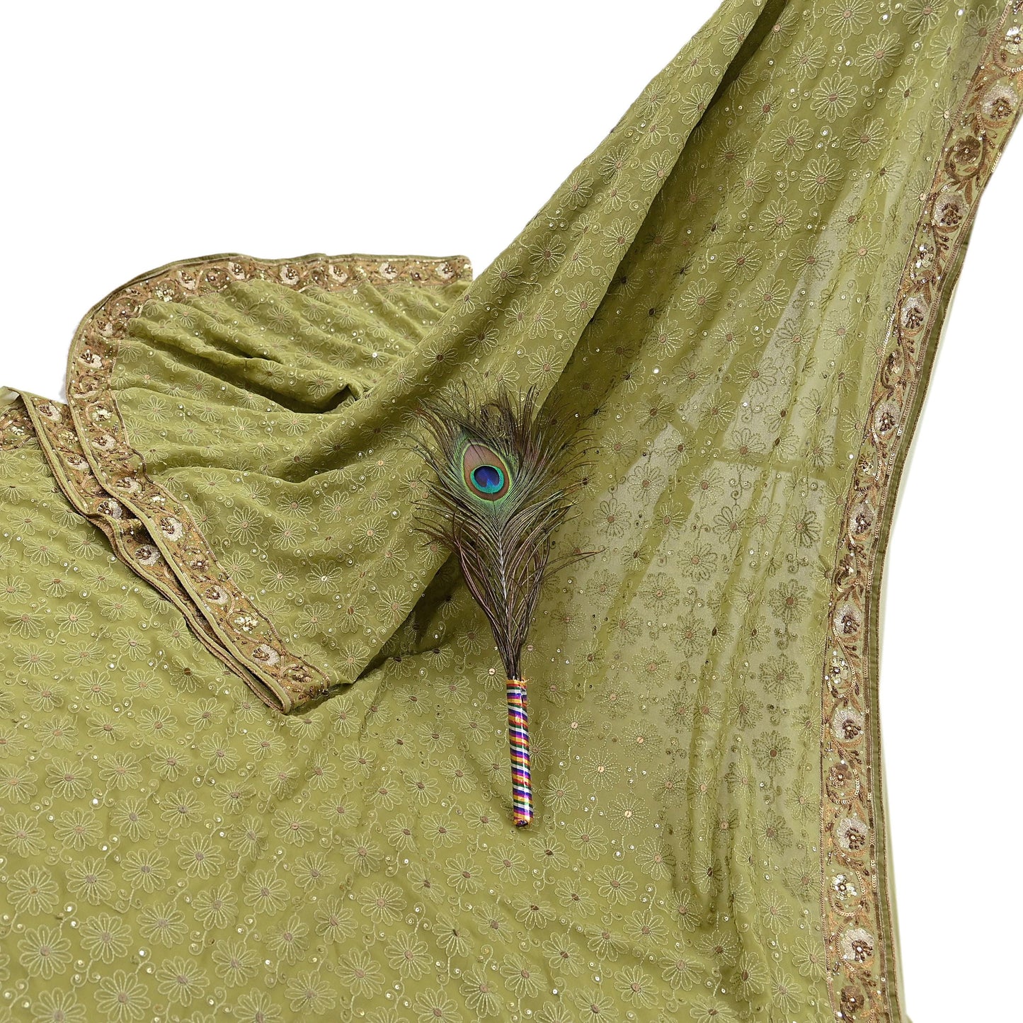 Indian Vintage Heavy Green Saree Georgette Embroidered Sari Craft Fabric 5Yd Sewing Soft Ethnic Zari Dress Making wedding Sari
