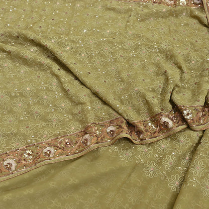 Indian Vintage Heavy Green Saree Georgette Embroidered Sari Craft Fabric 5Yd Sewing Soft Ethnic Zari Dress Making wedding Sari