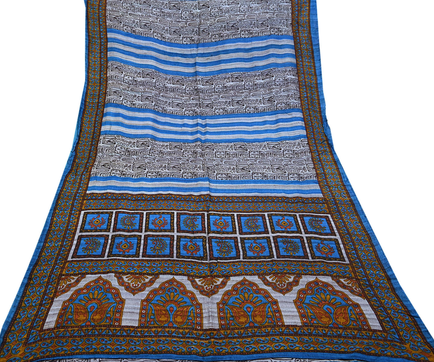 Indian Vintage Gray & Blue Saree Pure Khadi Silk Handloom Printed Sari Fabric 5yd Ethnic Wear Sari Floral Designs Dress making Crafting