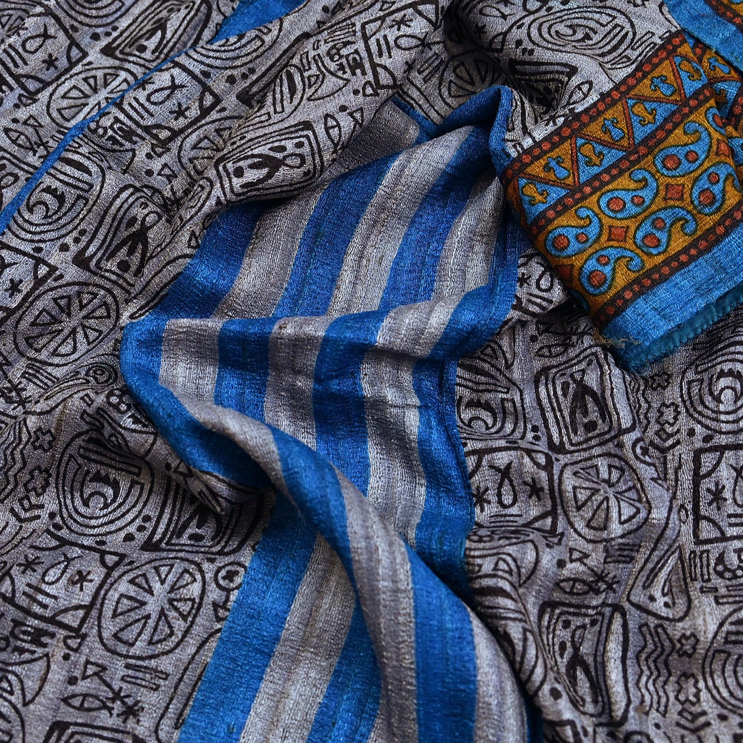 Indian Vintage Gray & Blue Saree Pure Khadi Silk Handloom Printed Sari Fabric 5yd Ethnic Wear Sari Floral Designs Dress making Crafting