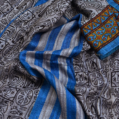 Indian Vintage Gray & Blue Saree Pure Khadi Silk Handloom Printed Sari Fabric 5yd Ethnic Wear Sari Floral Designs Dress making Crafting