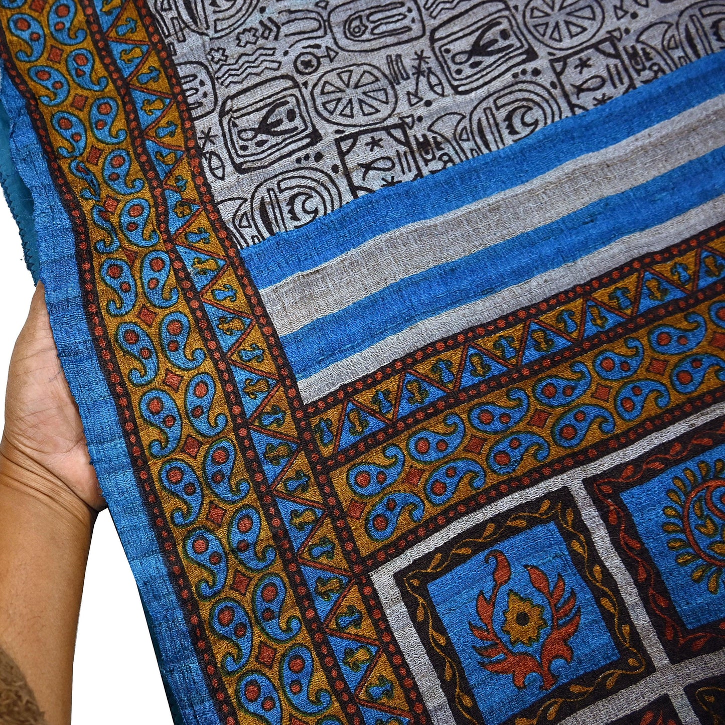 Indian Vintage Gray & Blue Saree Pure Khadi Silk Handloom Printed Sari Fabric 5yd Ethnic Wear Sari Floral Designs Dress making Crafting