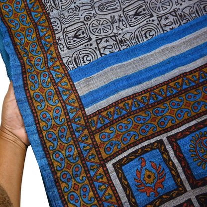 Indian Vintage Gray & Blue Saree Pure Khadi Silk Handloom Printed Sari Fabric 5yd Ethnic Wear Sari Floral Designs Dress making Crafting
