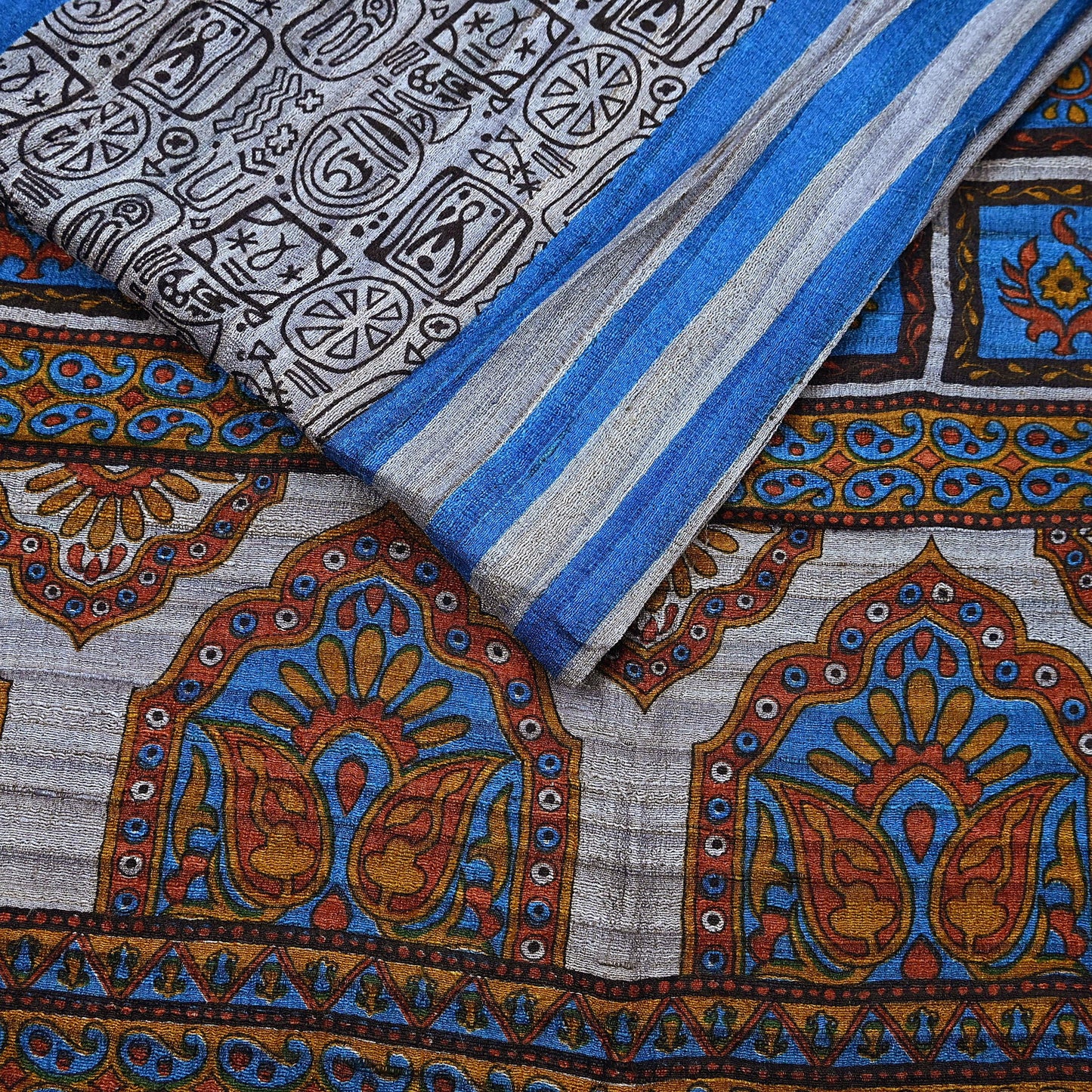 Indian Vintage Gray & Blue Saree Pure Khadi Silk Handloom Printed Sari Fabric 5yd Ethnic Wear Sari Floral Designs Dress making Crafting