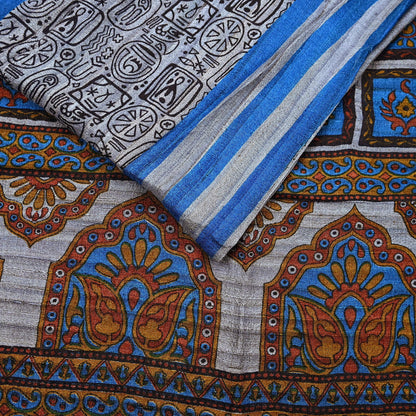 Indian Vintage Gray & Blue Saree Pure Khadi Silk Handloom Printed Sari Fabric 5yd Ethnic Wear Sari Floral Designs Dress making Crafting