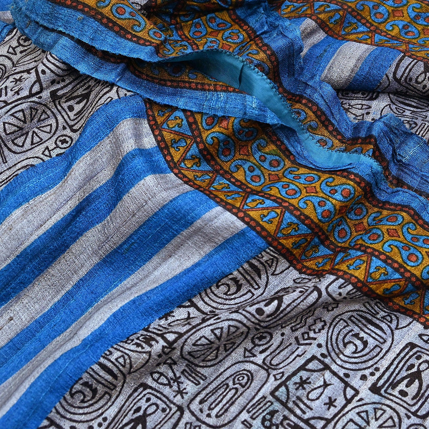 Indian Vintage Gray & Blue Saree Pure Khadi Silk Handloom Printed Sari Fabric 5yd Ethnic Wear Sari Floral Designs Dress making Crafting