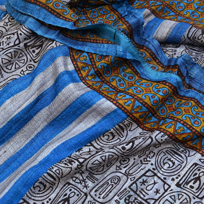 Indian Vintage Gray & Blue Saree Pure Khadi Silk Handloom Printed Sari Fabric 5yd Ethnic Wear Sari Floral Designs Dress making Crafting
