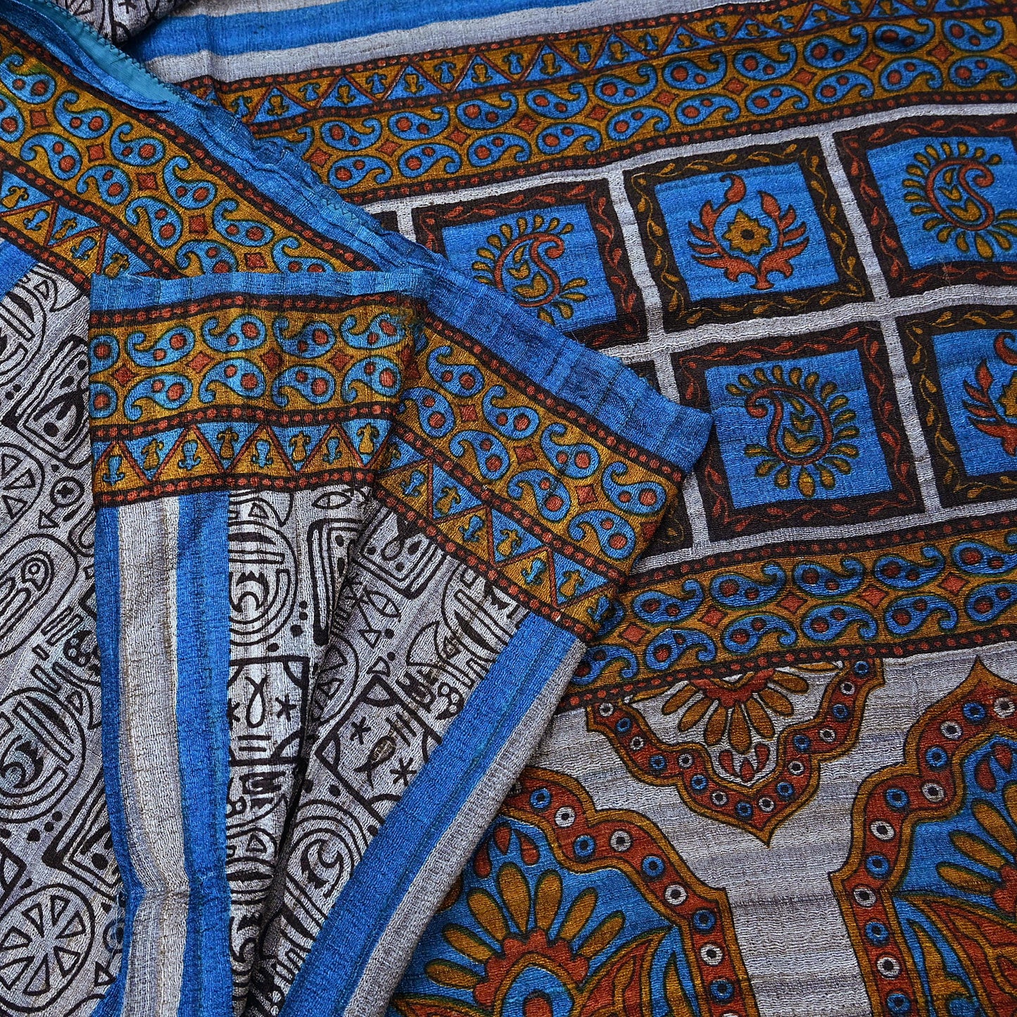 Indian Vintage Gray & Blue Saree Pure Khadi Silk Handloom Printed Sari Fabric 5yd Ethnic Wear Sari Floral Designs Dress making Crafting