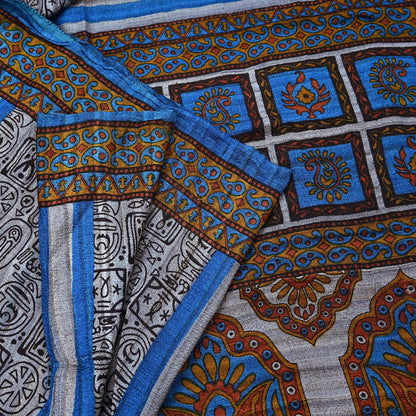 Indian Vintage Gray & Blue Saree Pure Khadi Silk Handloom Printed Sari Fabric 5yd Ethnic Wear Sari Floral Designs Dress making Crafting