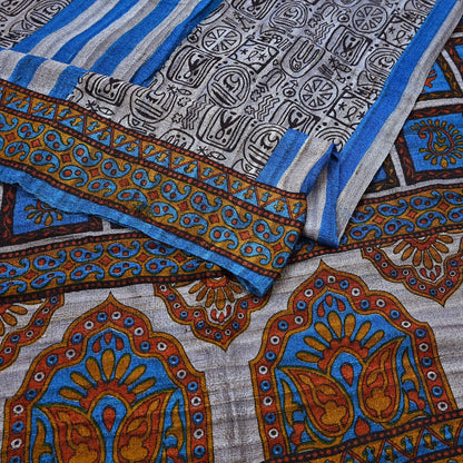 Indian Vintage Gray & Blue Saree Pure Khadi Silk Handloom Printed Sari Fabric 5yd Ethnic Wear Sari Floral Designs Dress making Crafting