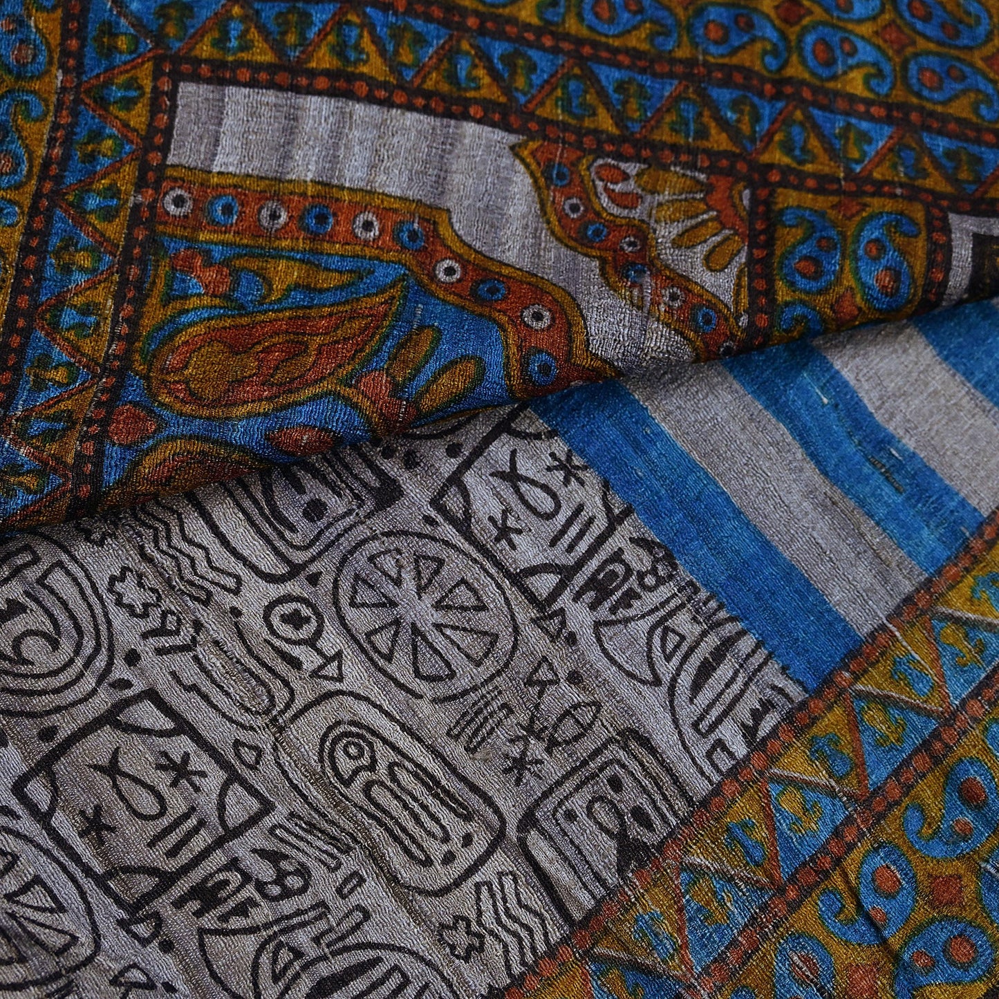 Indian Vintage Gray & Blue Saree Pure Khadi Silk Handloom Printed Sari Fabric 5yd Ethnic Wear Sari Floral Designs Dress making Crafting