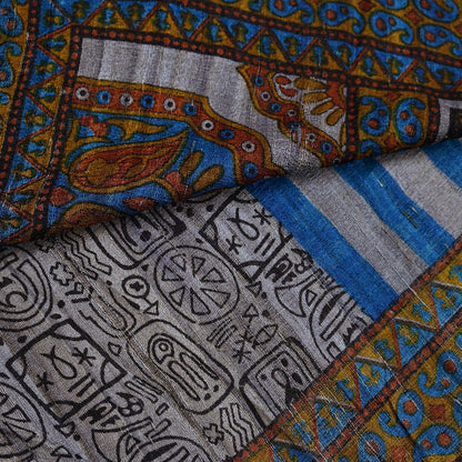 Indian Vintage Gray & Blue Saree Pure Khadi Silk Handloom Printed Sari Fabric 5yd Ethnic Wear Sari Floral Designs Dress making Crafting
