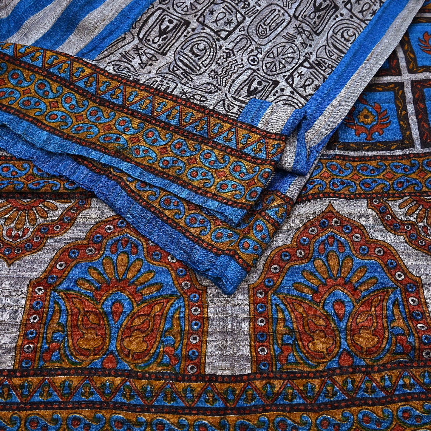 Indian Vintage Gray & Blue Saree Pure Khadi Silk Handloom Printed Sari Fabric 5yd Ethnic Wear Sari Floral Designs Dress making Crafting
