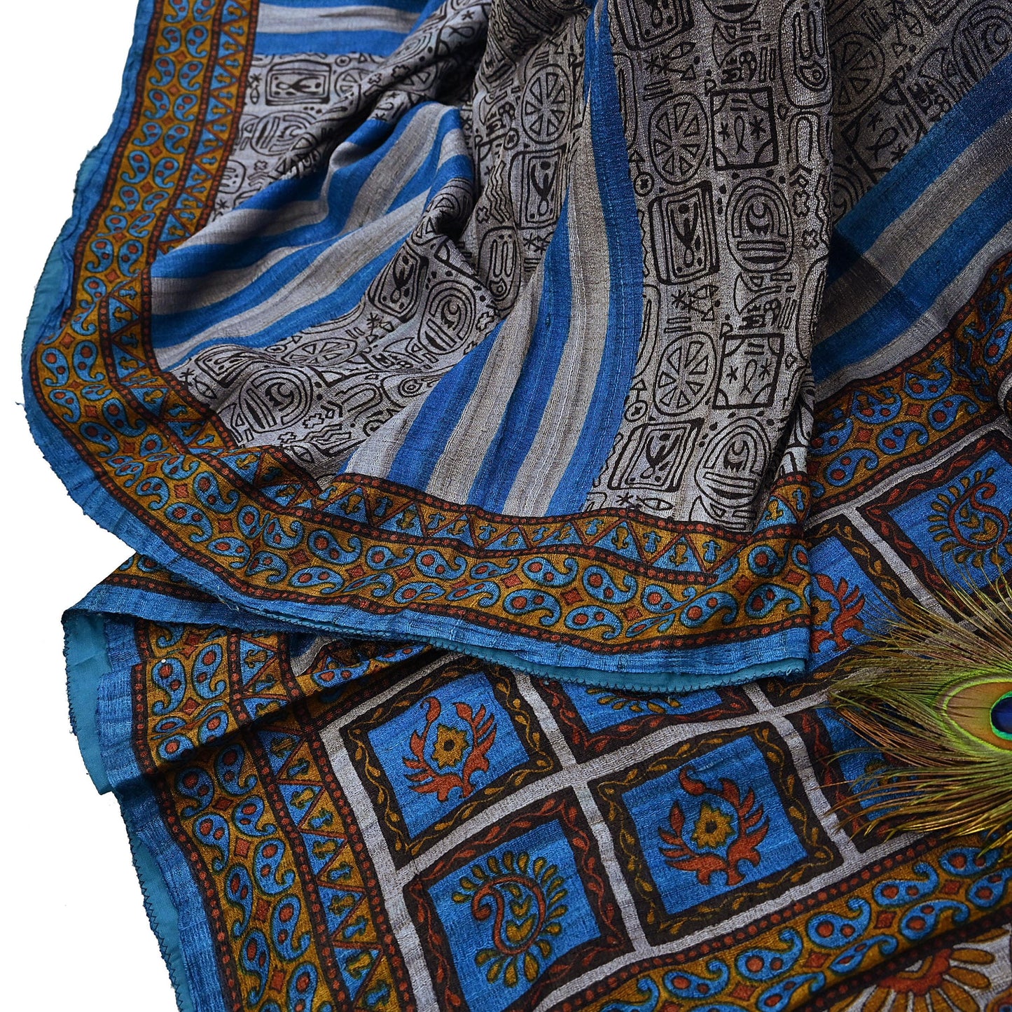 Indian Vintage Gray & Blue Saree Pure Khadi Silk Handloom Printed Sari Fabric 5yd Ethnic Wear Sari Floral Designs Dress making Crafting