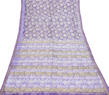 Indian Vintage Sari Purple & Ivory Pure Silk Block Printed Sarees Craft Fabric 6Yd Floral Dress making bollywood silk sarees