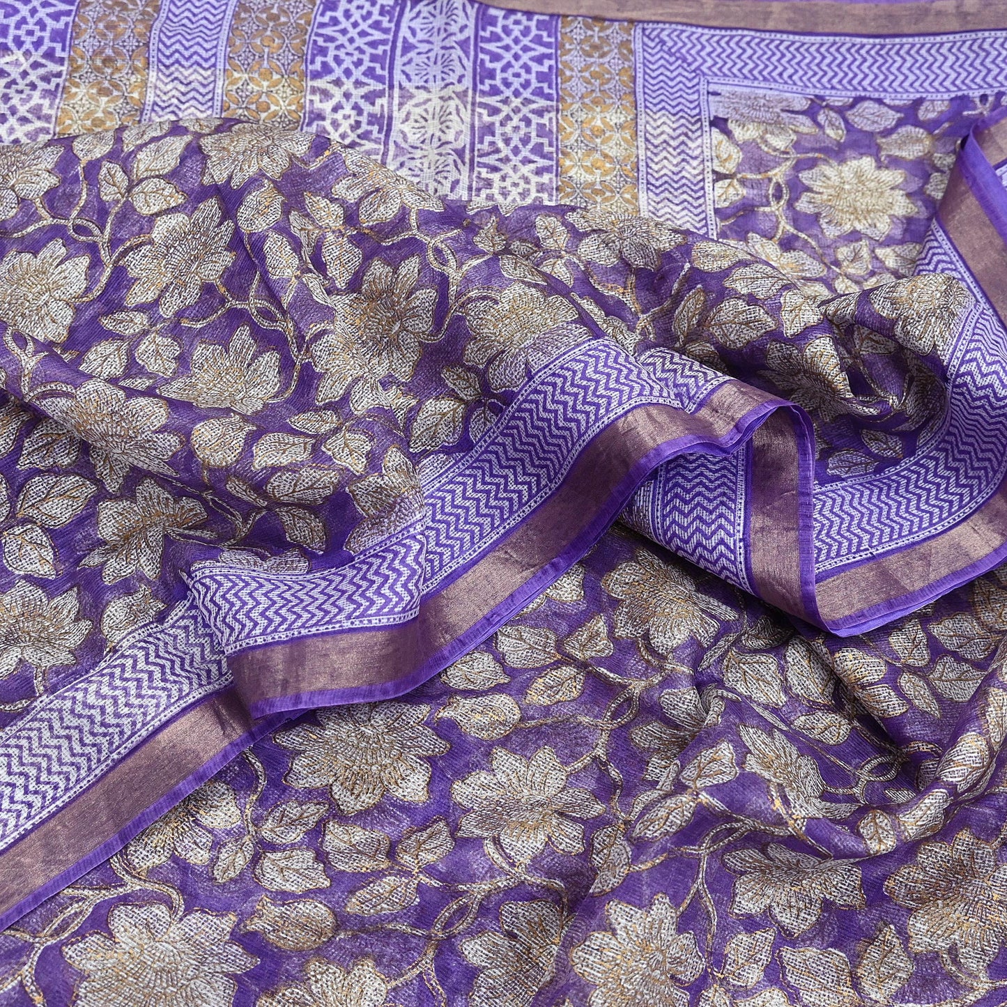 Indian Vintage Sari Purple & Ivory Pure Silk Block Printed Sarees Craft Fabric 6Yd Floral Dress making bollywood silk sarees
