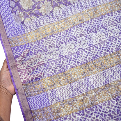 Indian Vintage Sari Purple & Ivory Pure Silk Block Printed Sarees Craft Fabric 6Yd Floral Dress making bollywood silk sarees