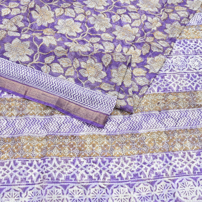 Indian Vintage Sari Purple & Ivory Pure Silk Block Printed Sarees Craft Fabric 6Yd Floral Dress making bollywood silk sarees