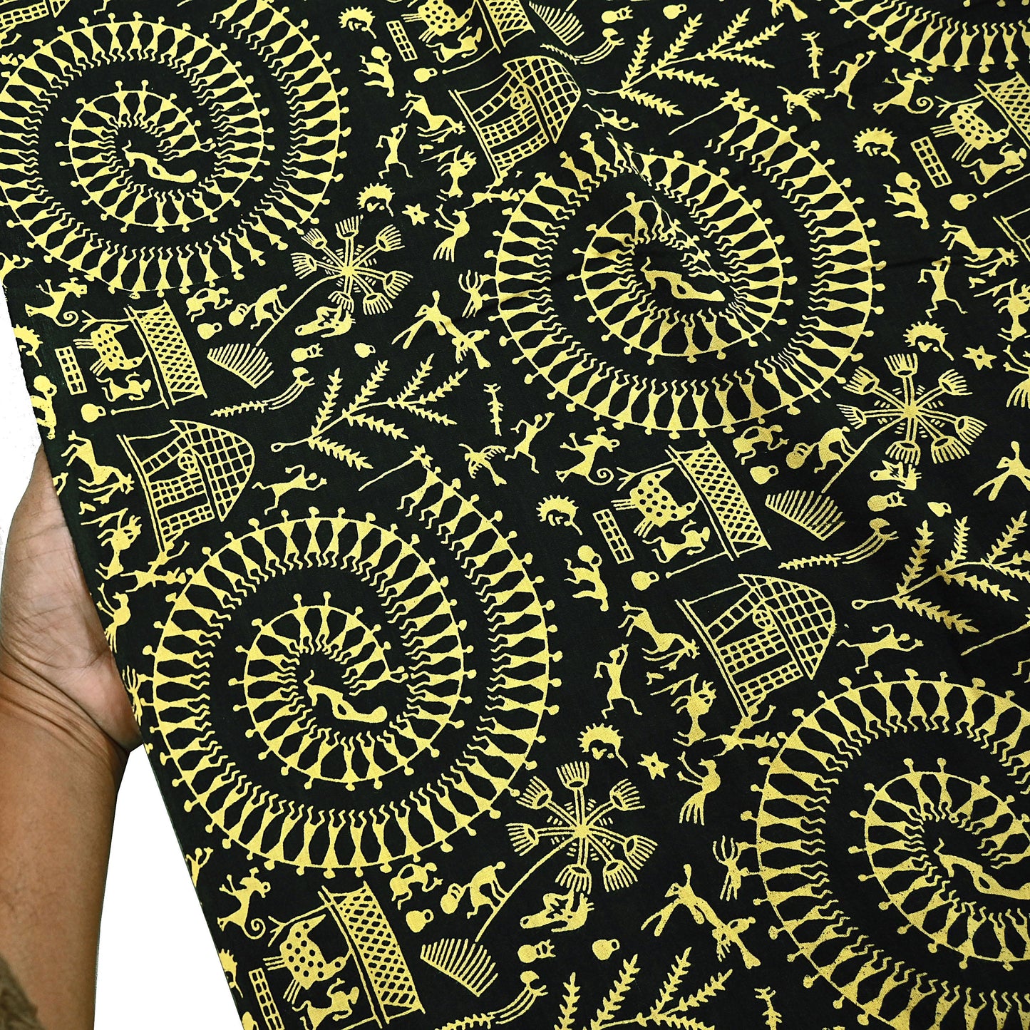 Indian Vintage Sari Green & Black Pure Cotton Warli Print Saree 6Yd Craft Fabric Soft Sewing Sarong Wrap Boho Quilting Crafting Used Upcycle