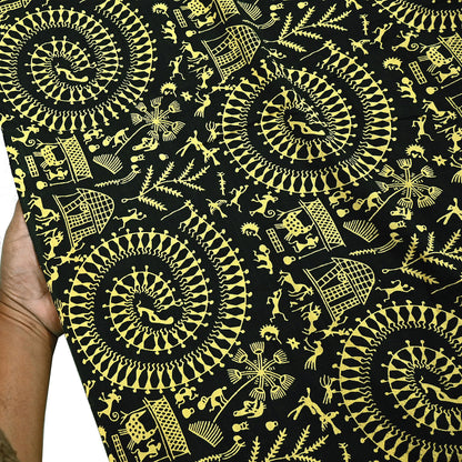 Indian Vintage Sari Green & Black Pure Cotton Warli Print Saree 6Yd Craft Fabric Soft Sewing Sarong Wrap Boho Quilting Crafting Used Upcycle
