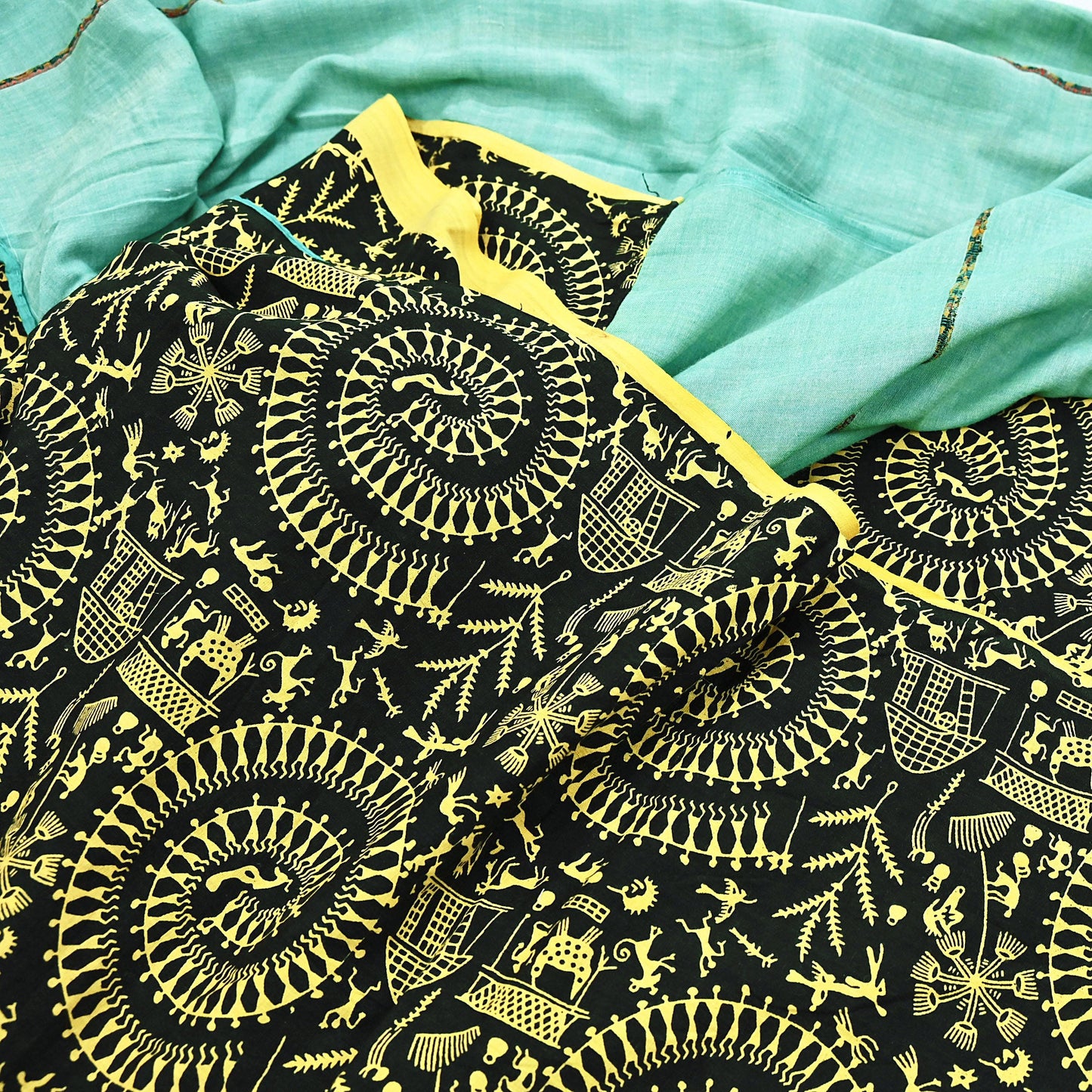 Indian Vintage Sari Green & Black Pure Cotton Warli Print Saree 6Yd Craft Fabric Soft Sewing Sarong Wrap Boho Quilting Crafting Used Upcycle