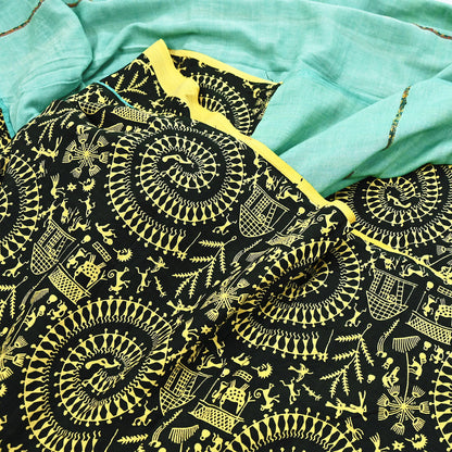 Indian Vintage Sari Green & Black Pure Cotton Warli Print Saree 6Yd Craft Fabric Soft Sewing Sarong Wrap Boho Quilting Crafting Used Upcycle