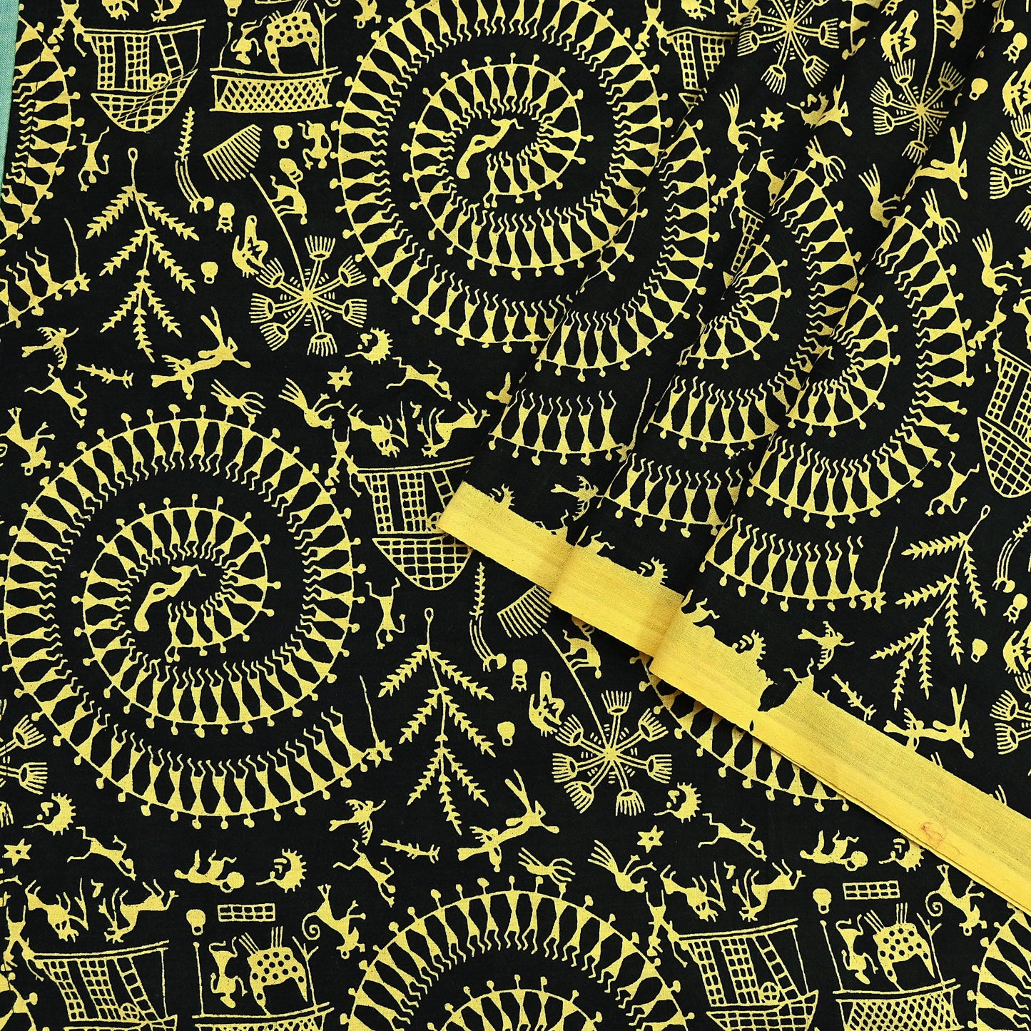 Indian Vintage Sari Green & Black Pure Cotton Warli Print Saree 6Yd Craft Fabric Soft Sewing Sarong Wrap Boho Quilting Crafting Used Upcycle