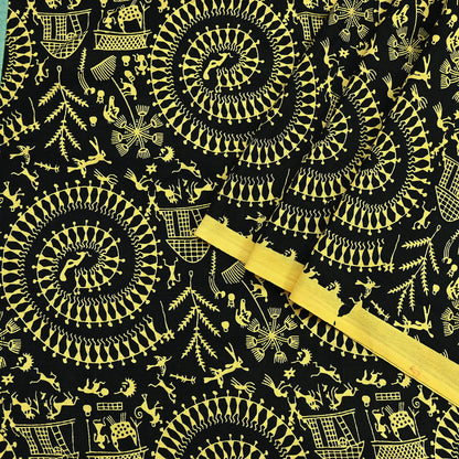 Indian Vintage Sari Green & Black Pure Cotton Warli Print Saree 6Yd Craft Fabric Soft Sewing Sarong Wrap Boho Quilting Crafting Used Upcycle