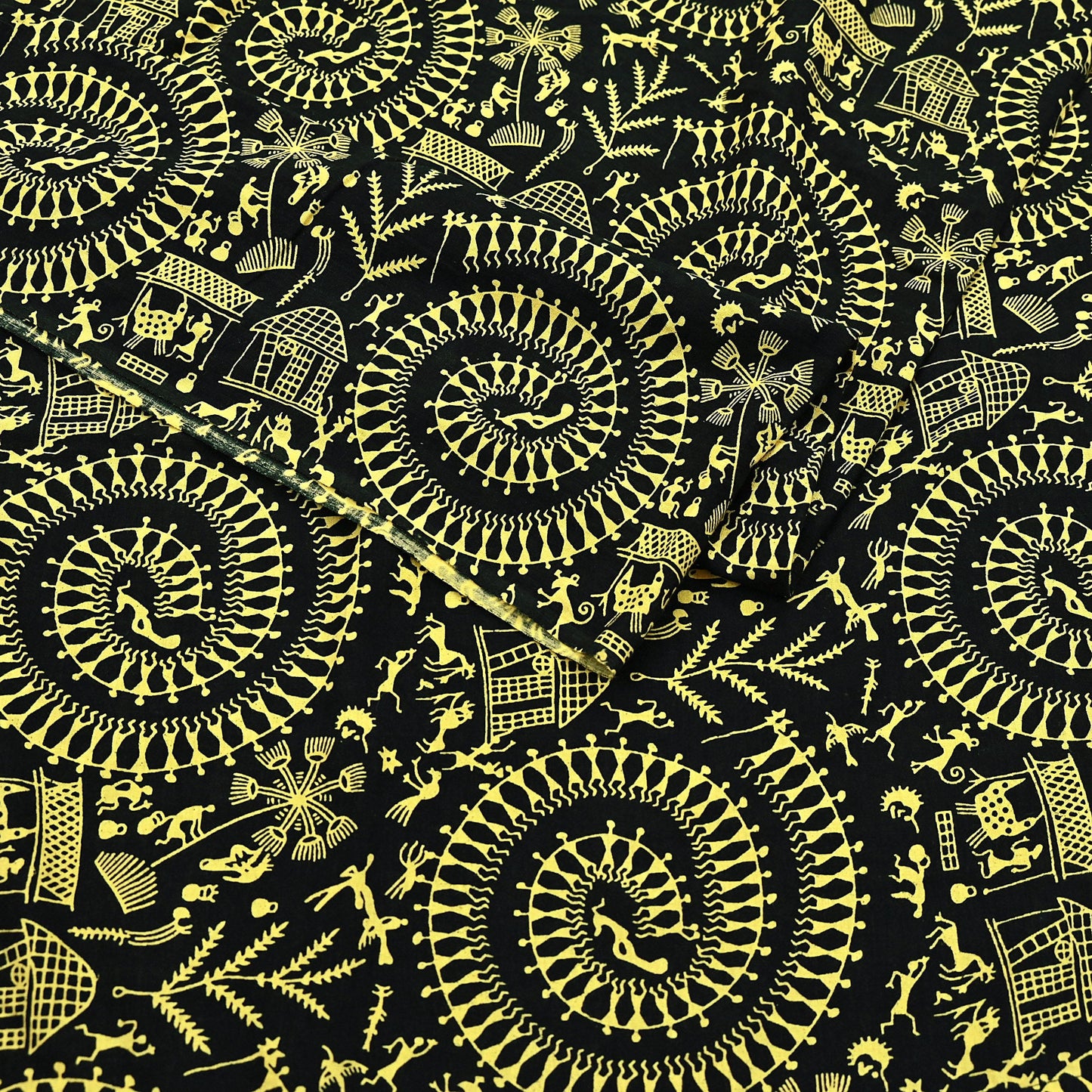 Indian Vintage Sari Green & Black Pure Cotton Warli Print Saree 6Yd Craft Fabric Soft Sewing Sarong Wrap Boho Quilting Crafting Used Upcycle