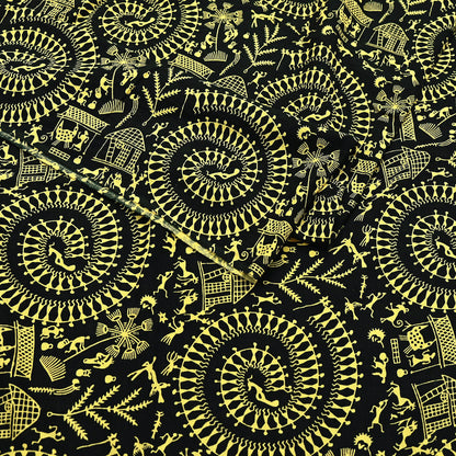 Indian Vintage Sari Green & Black Pure Cotton Warli Print Saree 6Yd Craft Fabric Soft Sewing Sarong Wrap Boho Quilting Crafting Used Upcycle