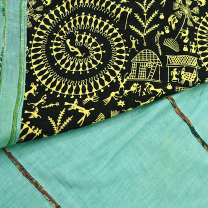Indian Vintage Sari Green & Black Pure Cotton Warli Print Saree 6Yd Craft Fabric Soft Sewing Sarong Wrap Boho Quilting Crafting Used Upcycle