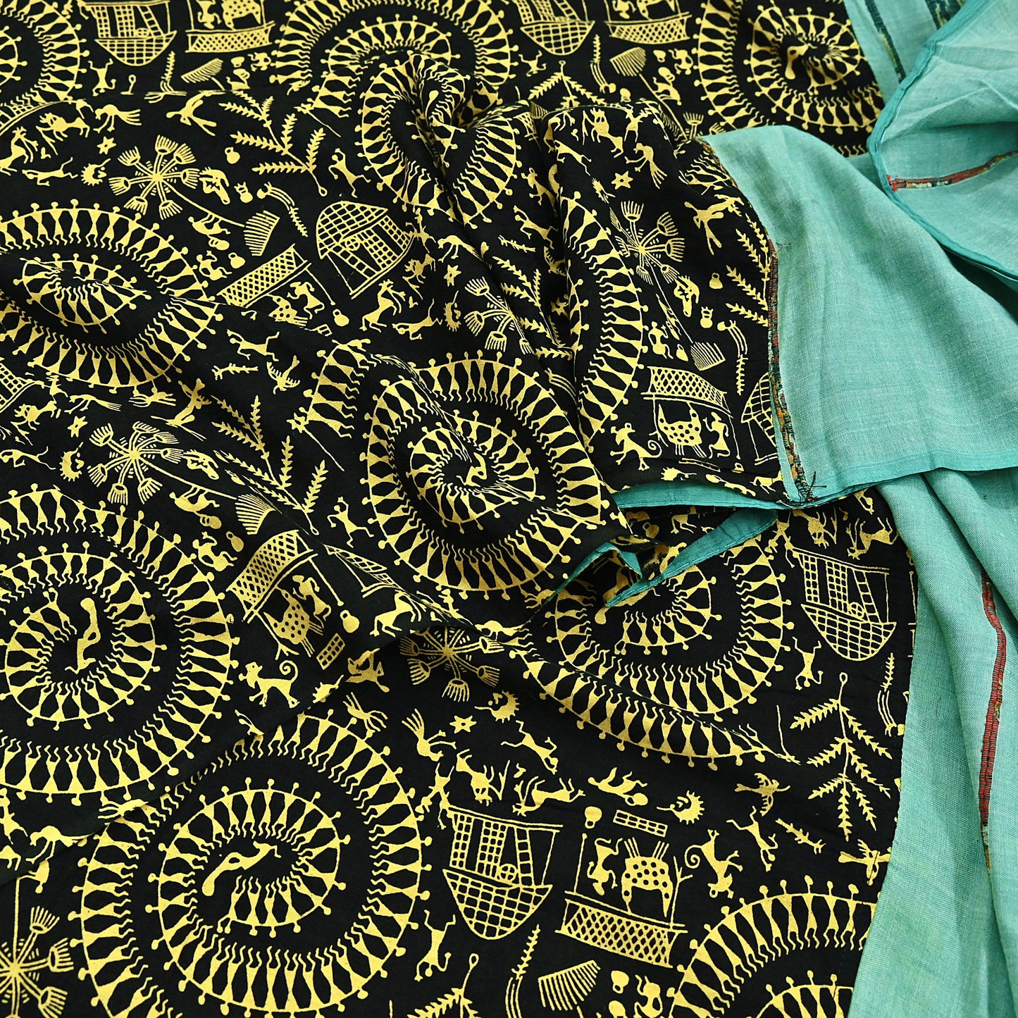Indian Vintage Sari Green & Black Pure Cotton Warli Print Saree 6Yd Craft Fabric Soft Sewing Sarong Wrap Boho Quilting Crafting Used Upcycle