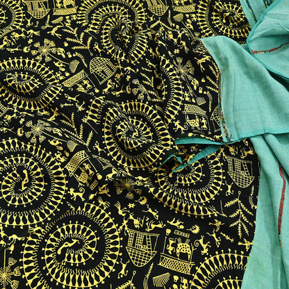 Indian Vintage Sari Green & Black Pure Cotton Warli Print Saree 6Yd Craft Fabric Soft Sewing Sarong Wrap Boho Quilting Crafting Used Upcycle