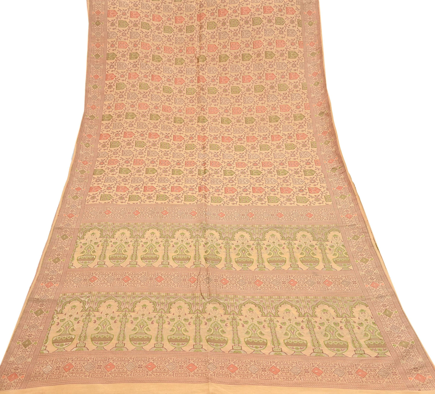 Indian Vintage Sari Beige 100% Pure Silk Hand Woven Saree 5Yd Craft Fabric Ethnic Sewing Zari Upcycle Dress Making Crafting Quilting Used