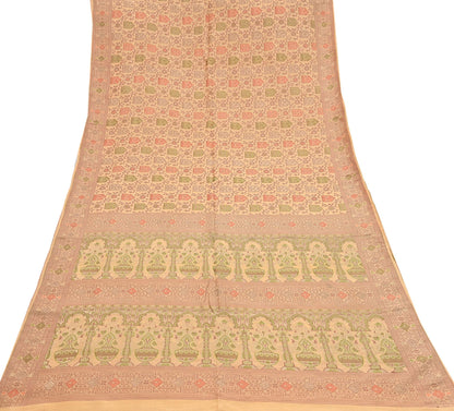Indian Vintage Sari Beige 100% Pure Silk Hand Woven Saree 5Yd Craft Fabric Ethnic Sewing Zari Upcycle Dress Making Crafting Quilting Used