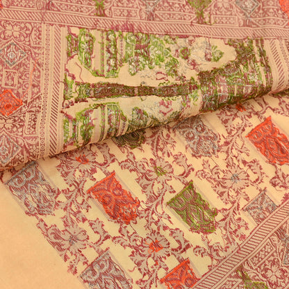 Indian Vintage Sari Beige 100% Pure Silk Hand Woven Saree 5Yd Craft Fabric Ethnic Sewing Zari Upcycle Dress Making Crafting Quilting Used