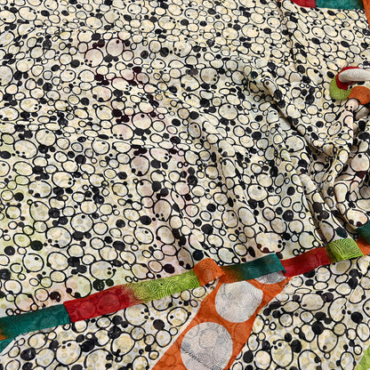 Indian Vintage Sari Ivory & Black Pure Georgette Silk Printed Sarees 6Yd Craft Fabric Sewing Quilting Dress making Crafting Quilting Upcycle