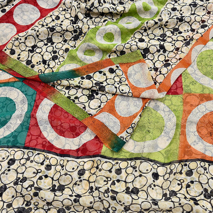 Indian Vintage Sari Ivory & Black Pure Georgette Silk Printed Sarees 6Yd Craft Fabric Sewing Quilting Dress making Crafting Quilting Upcycle