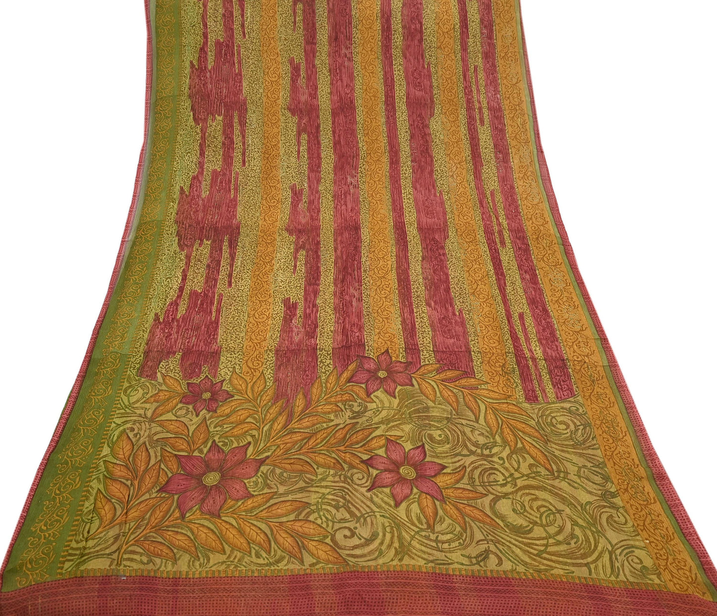 Vintage Saree Green Pure Chiffon Silk Printed Sari Craft Fabric Sewing 6Yard Soft quilting crafting dress making