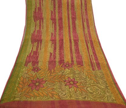 Vintage Saree Green Pure Chiffon Silk Printed Sari Craft Fabric Sewing 6Yard Soft quilting crafting dress making