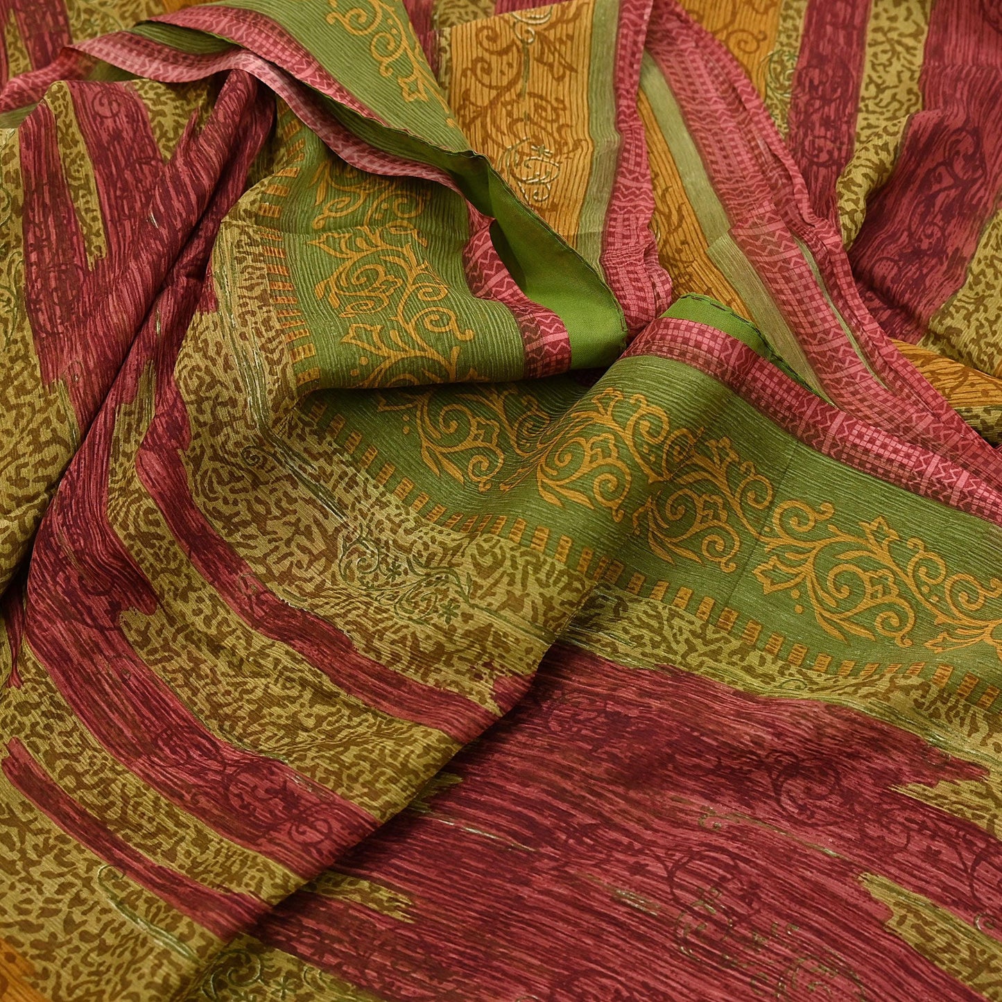 Vintage Saree Green Pure Chiffon Silk Printed Sari Craft Fabric Sewing 6Yard Soft quilting crafting dress making
