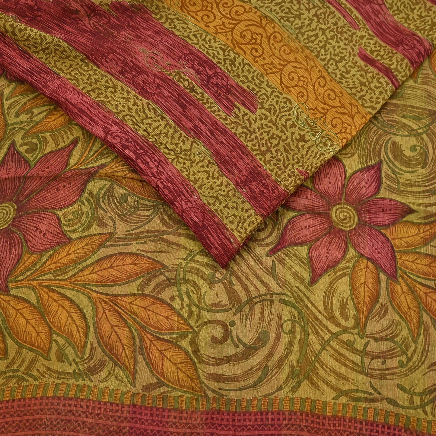 Vintage Saree Green Pure Chiffon Silk Printed Sari Craft Fabric Sewing 6Yard Soft quilting crafting dress making