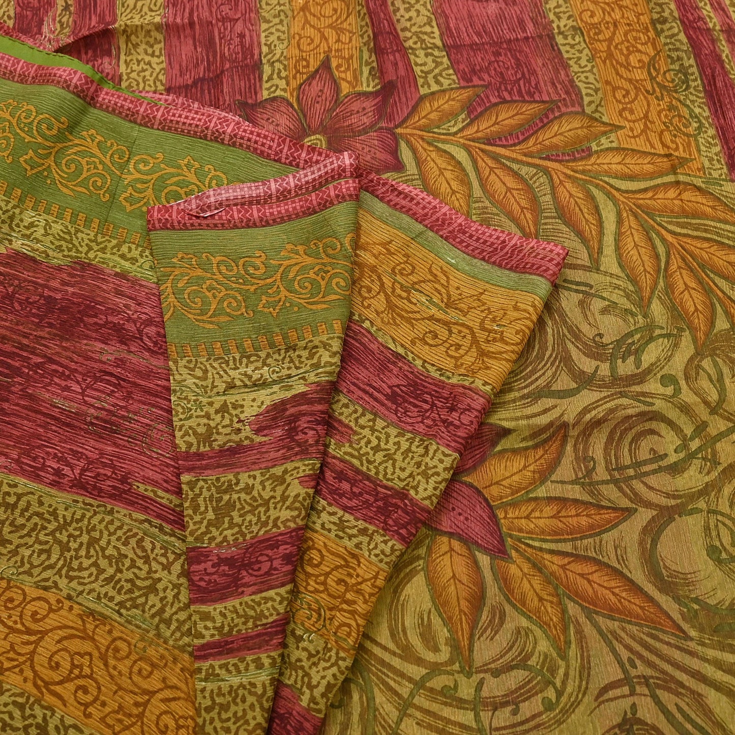 Vintage Saree Green Pure Chiffon Silk Printed Sari Craft Fabric Sewing 6Yard Soft quilting crafting dress making