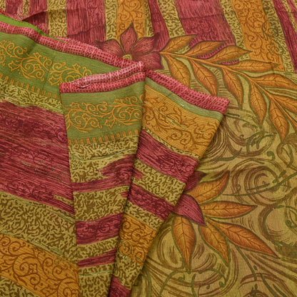 Vintage Saree Green Pure Chiffon Silk Printed Sari Craft Fabric Sewing 6Yard Soft quilting crafting dress making
