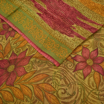 Vintage Saree Green Pure Chiffon Silk Printed Sari Craft Fabric Sewing 6Yard Soft quilting crafting dress making
