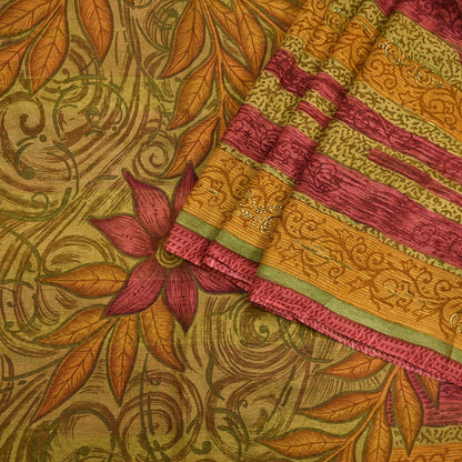 Vintage Saree Green Pure Chiffon Silk Printed Sari Craft Fabric Sewing 6Yard Soft quilting crafting dress making