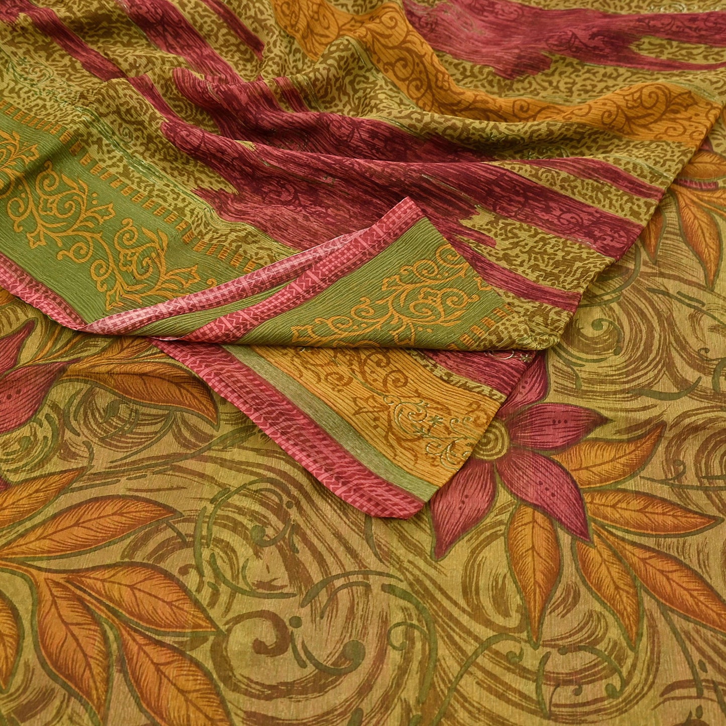Vintage Saree Green Pure Chiffon Silk Printed Sari Craft Fabric Sewing 6Yard Soft quilting crafting dress making