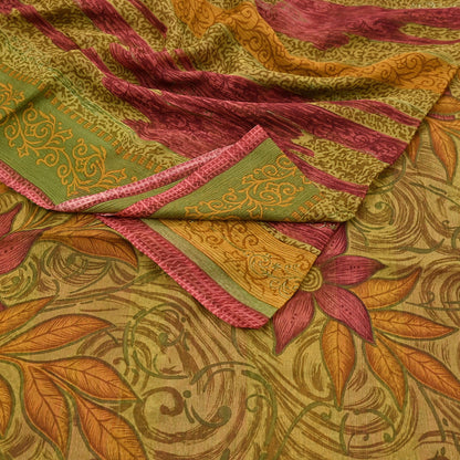 Vintage Saree Green Pure Chiffon Silk Printed Sari Craft Fabric Sewing 6Yard Soft quilting crafting dress making